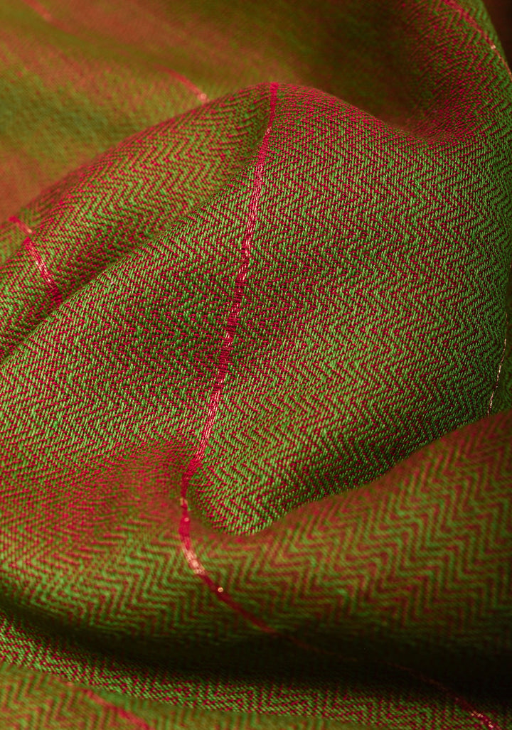 Green and Red Dual tone Handwoven Maheshwari Silk Cotton Saree with Zari Stripes