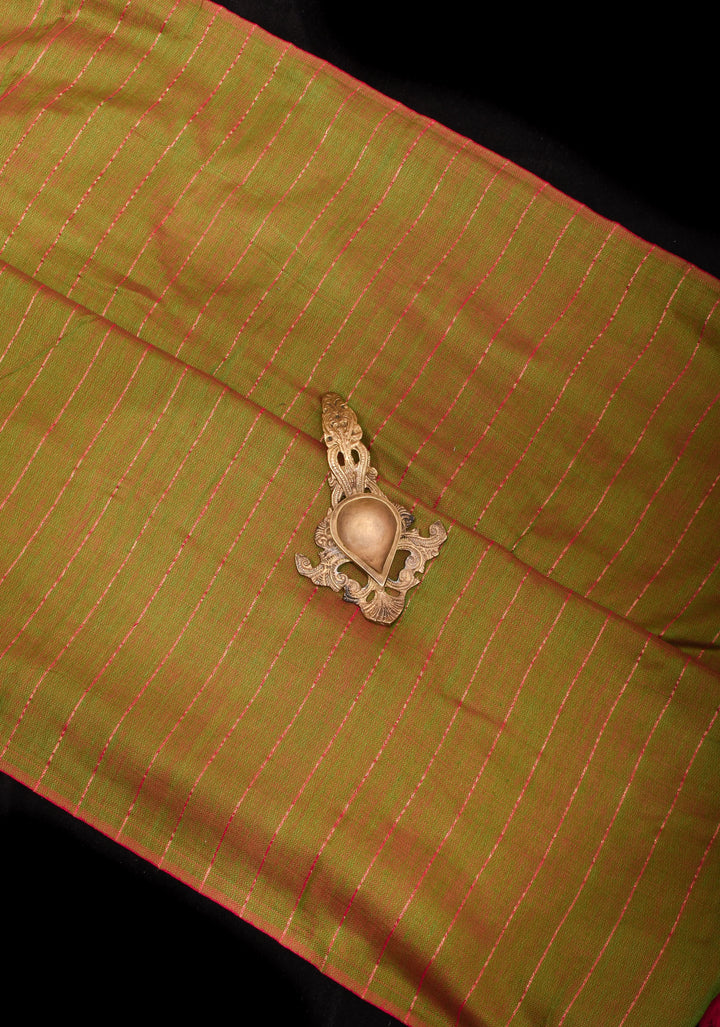 Green and Red Dual tone Handwoven Maheshwari Silk Cotton Saree with Zari Stripes