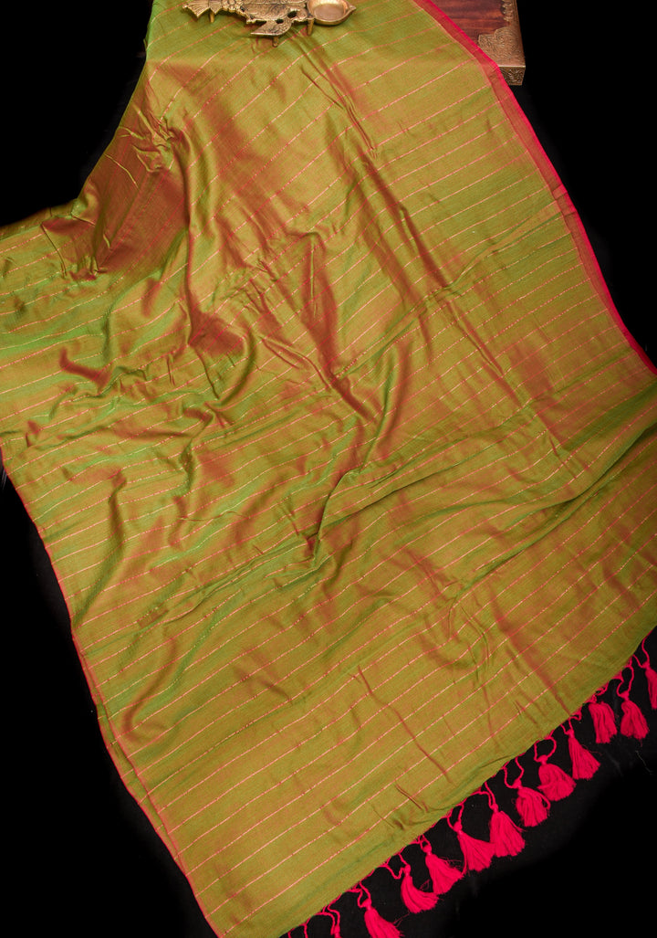 Green and Red Dual tone Handwoven Maheshwari Silk Cotton Saree with Zari Stripes