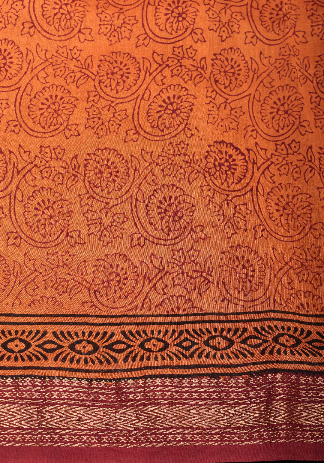 Bagh Print on Handwoven Maheshwari Silk Cotton Saree in red with minimal zari borders