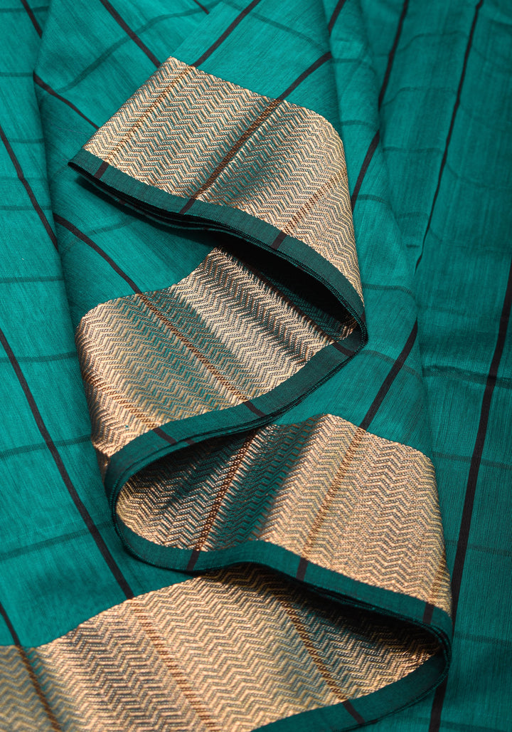 Handwoven Maheshwari Silk Cotton Saree  in Teal and Gold  with checks