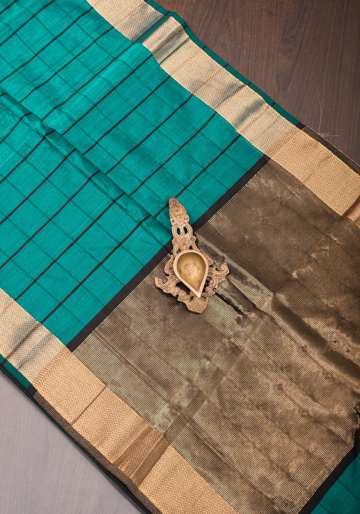 Handwoven Maheshwari Silk Cotton Saree  in Teal and Gold  with checks