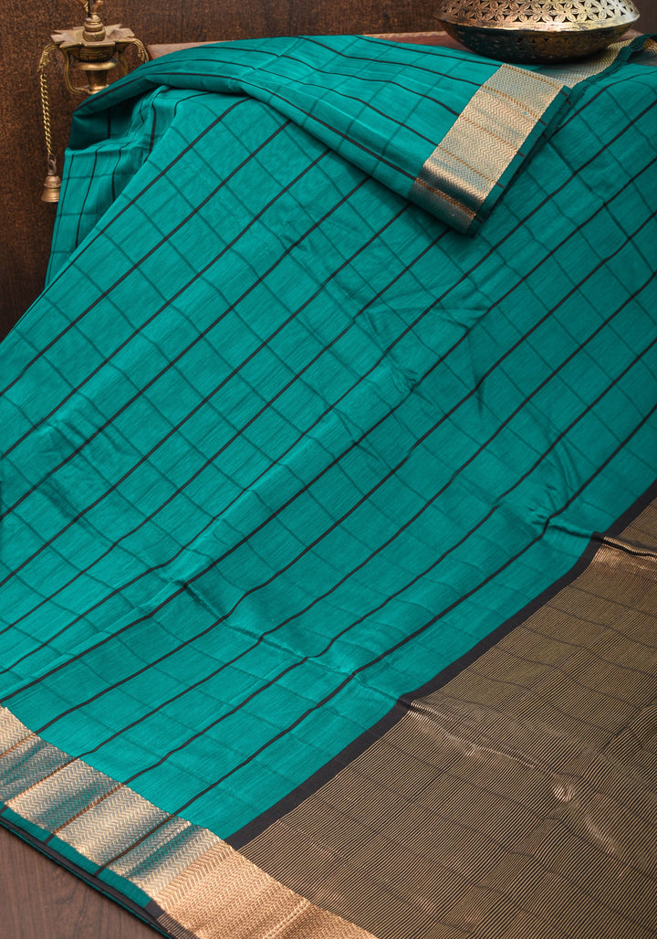 Handwoven Maheshwari Silk Cotton Saree  in Teal and Gold  with checks