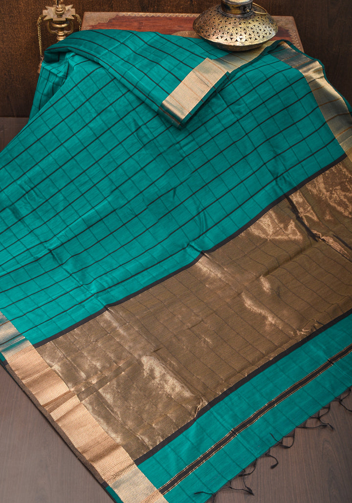 Handwoven Maheshwari Silk Cotton Saree  in Teal and Gold  with checks