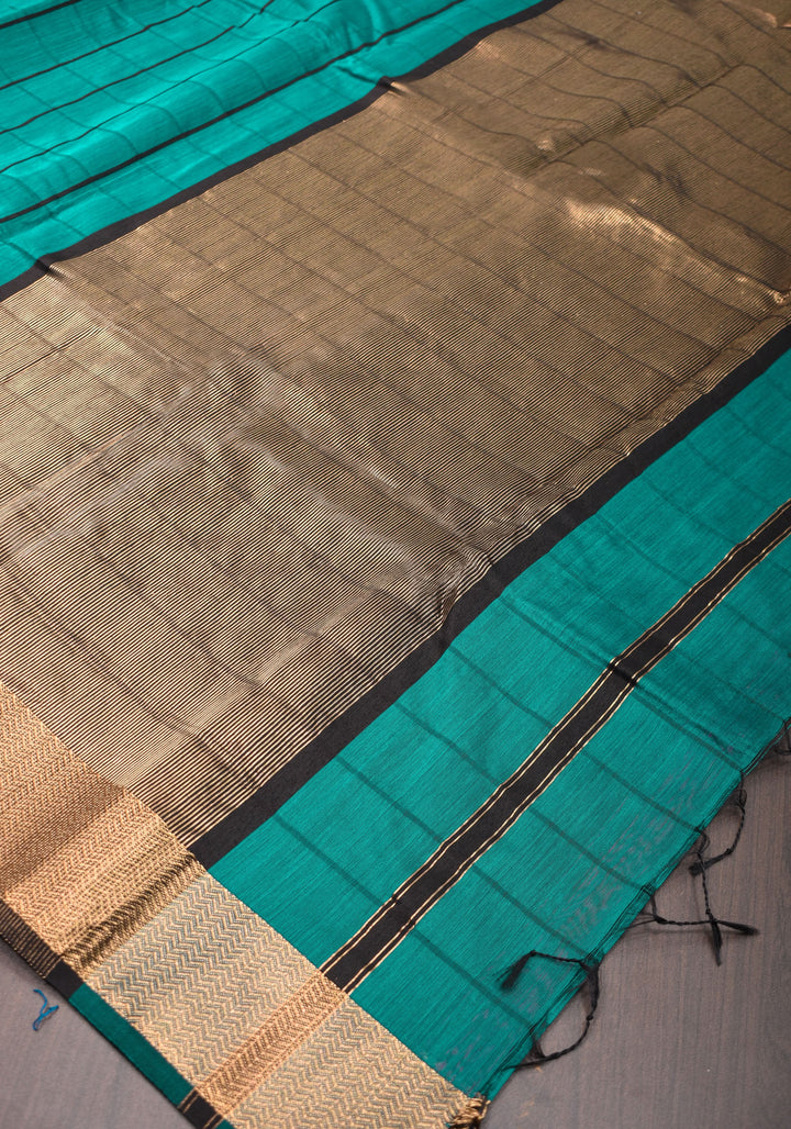 Handwoven Maheshwari Silk Cotton Saree  in Teal and Gold  with checks