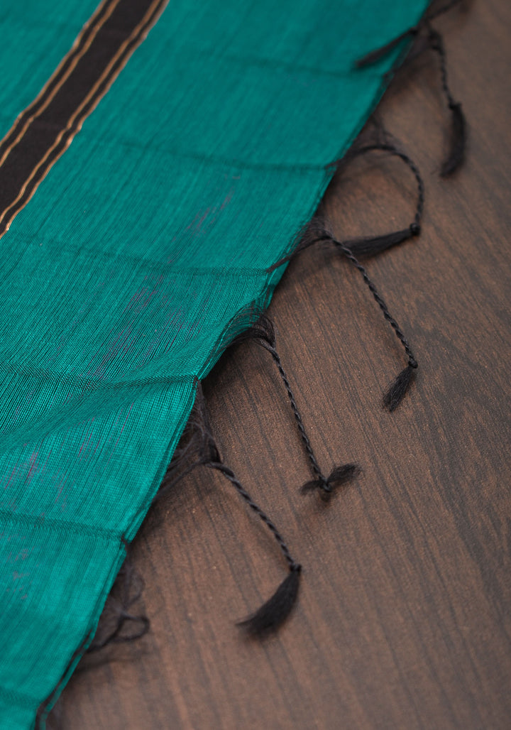 Handwoven Maheshwari Silk Cotton Saree  in Teal and Gold  with checks