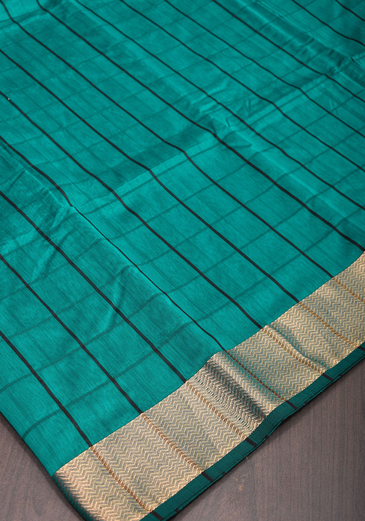 Handwoven Maheshwari Silk Cotton Saree  in Teal and Gold  with checks
