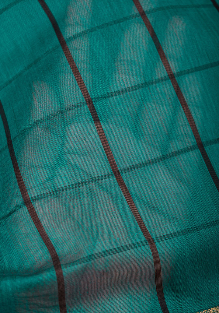 Handwoven Maheshwari Silk Cotton Saree  in Teal and Gold  with checks