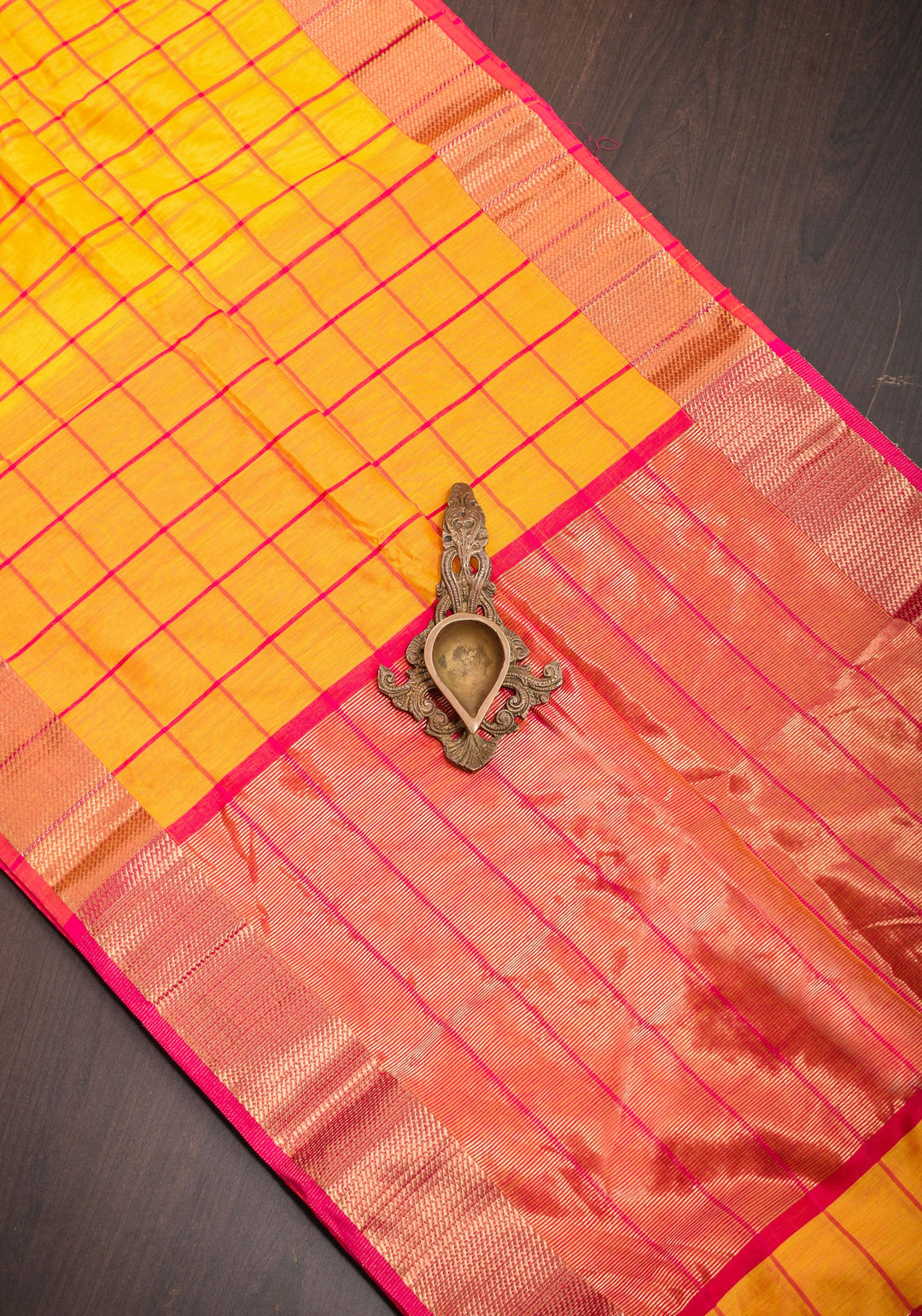 Handwoven Maheshwari Silk Cotton Saree  in Yellow and Gold with checks