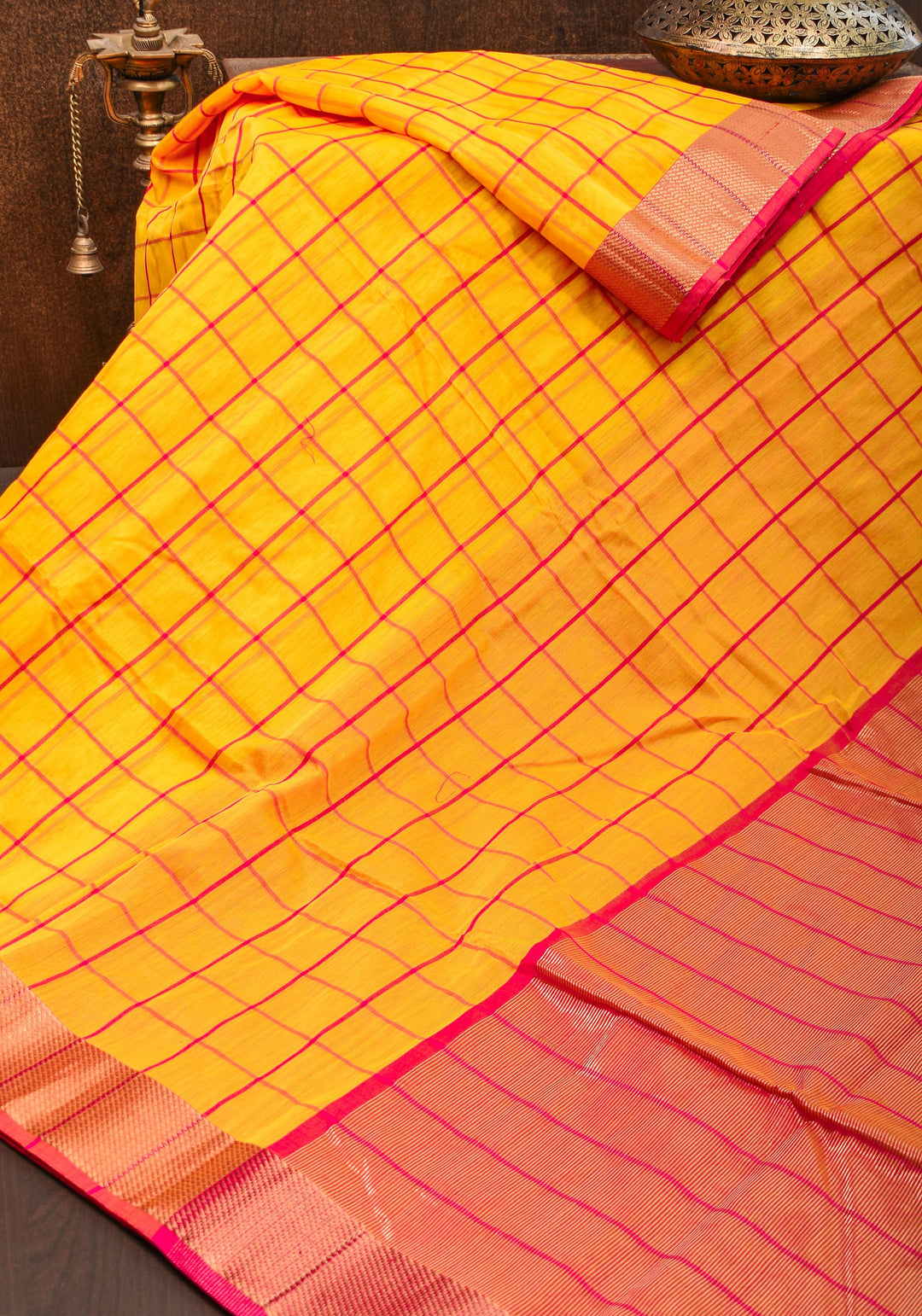 Handwoven Maheshwari Silk Cotton Saree  in Yellow and Gold with checks