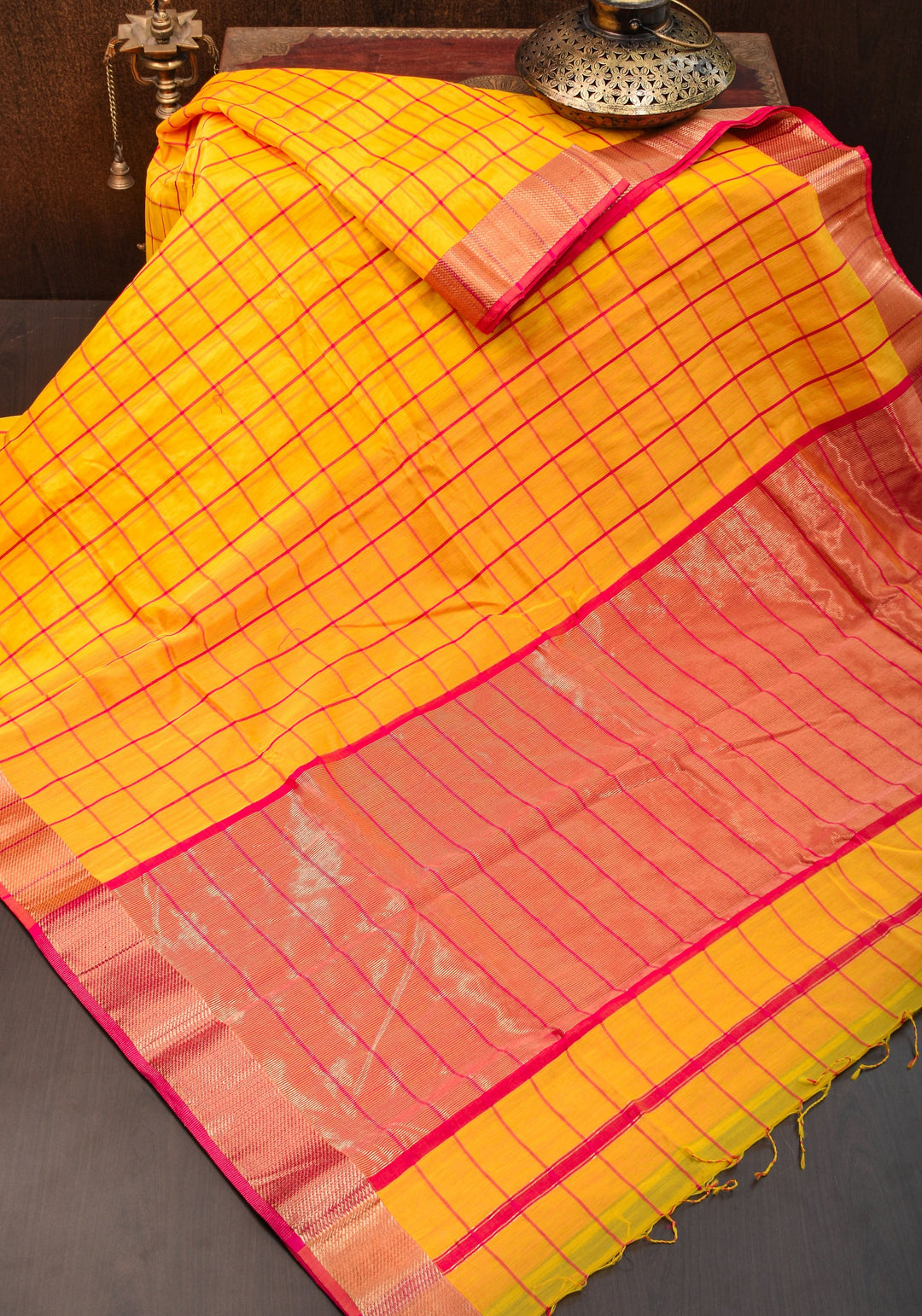 Handwoven Maheshwari Silk Cotton Saree  in Yellow and Gold with checks