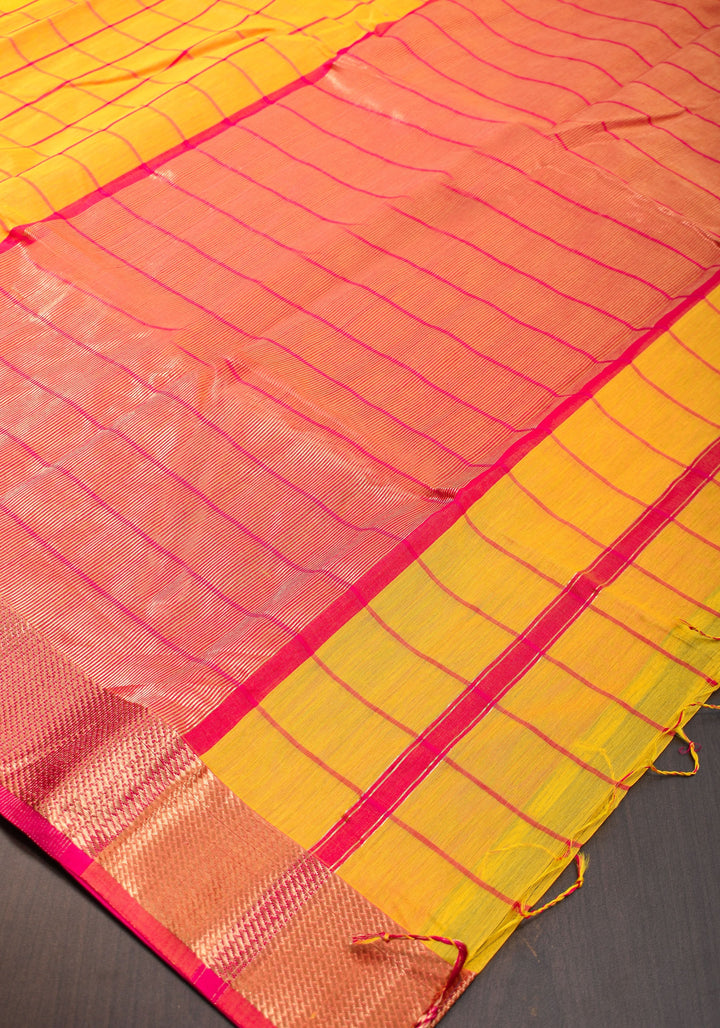 Handwoven Maheshwari Silk Cotton Saree  in Yellow and Gold with checks
