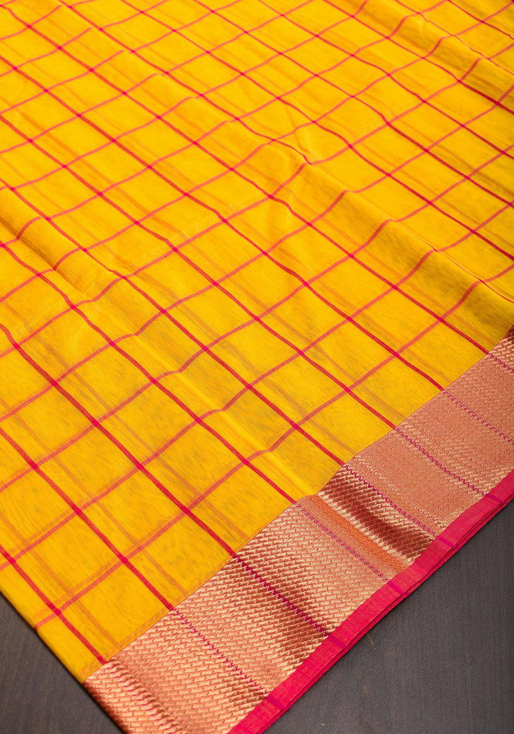 Handwoven Maheshwari Silk Cotton Saree  in Yellow and Gold with checks