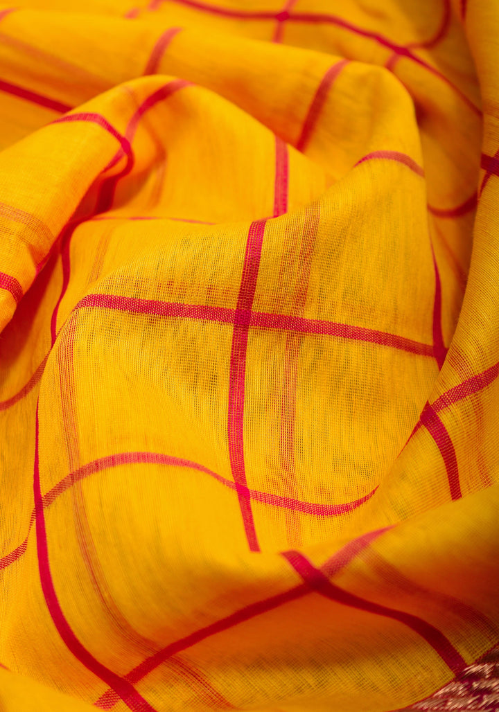 Handwoven Maheshwari Silk Cotton Saree  in Yellow and Gold with checks