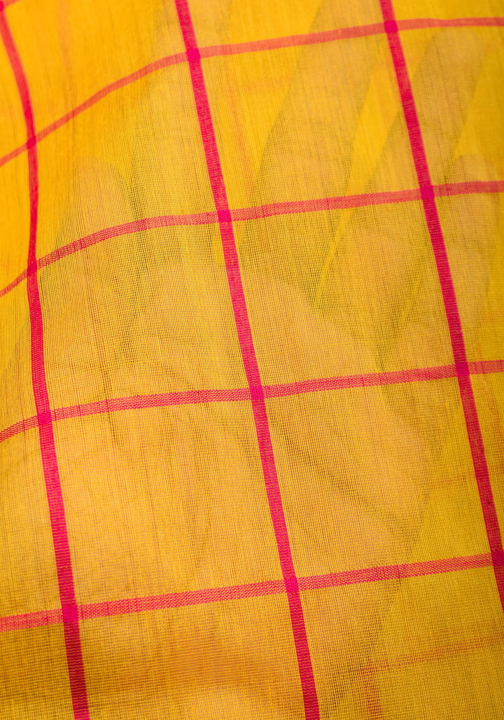 Handwoven Maheshwari Silk Cotton Saree  in Yellow and Gold with checks