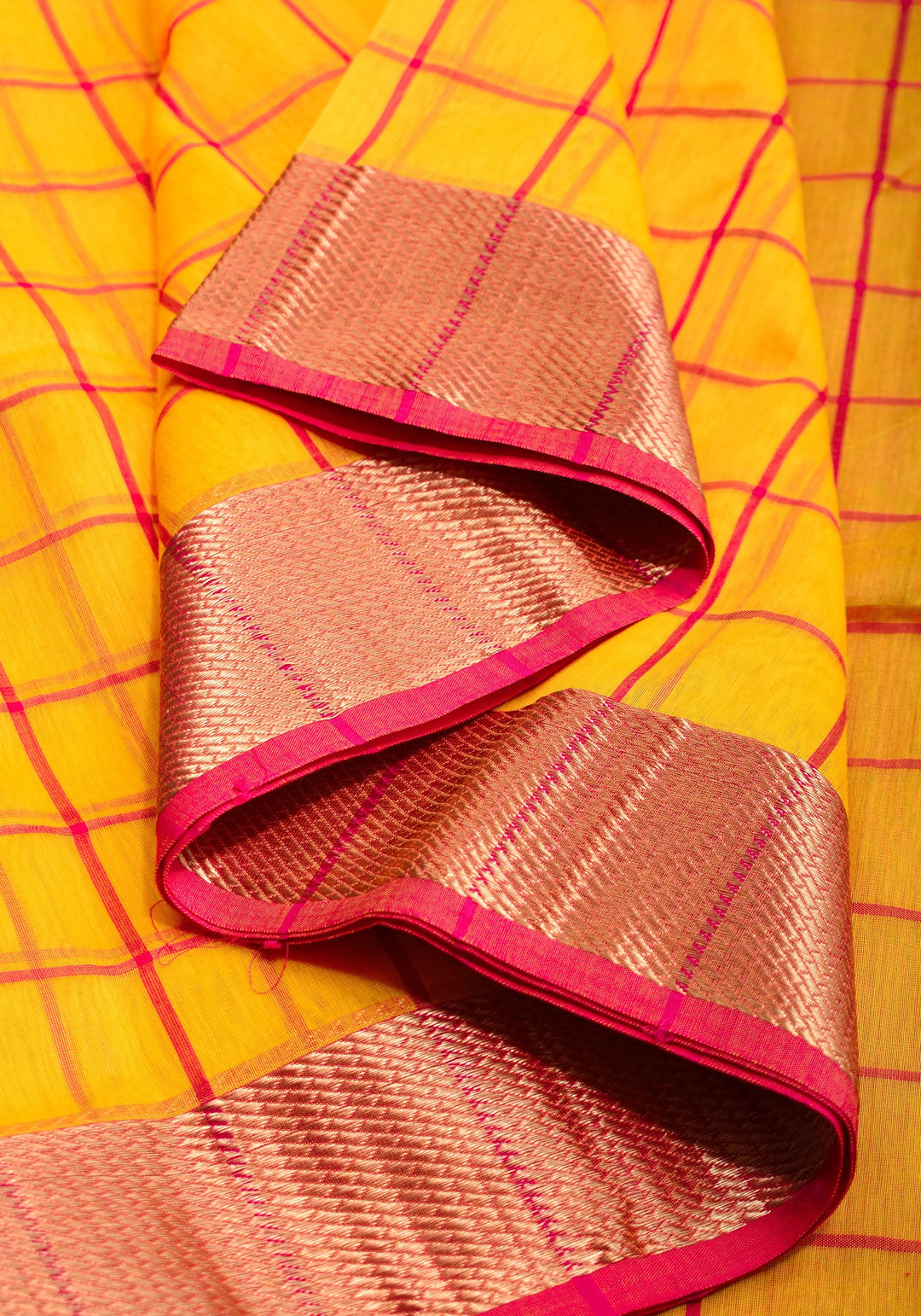 Handwoven Maheshwari Silk Cotton Saree  in Yellow and Gold with checks