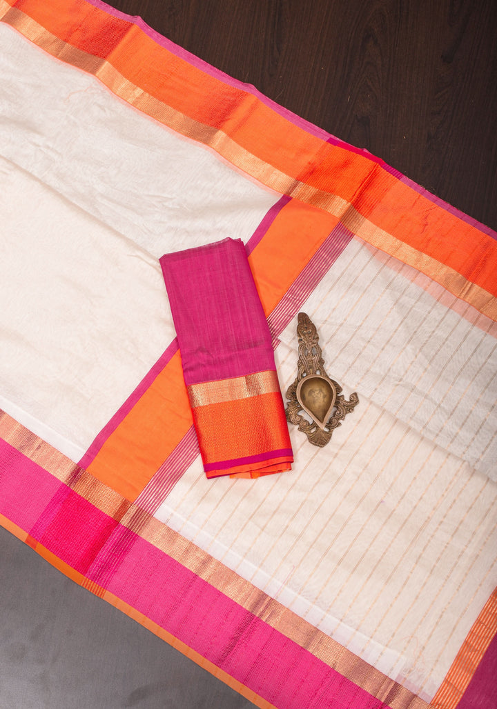 Handwoven  Maheshwari Silk Cotton Saree in White with Ganga jamuna Border | SHOBITAM