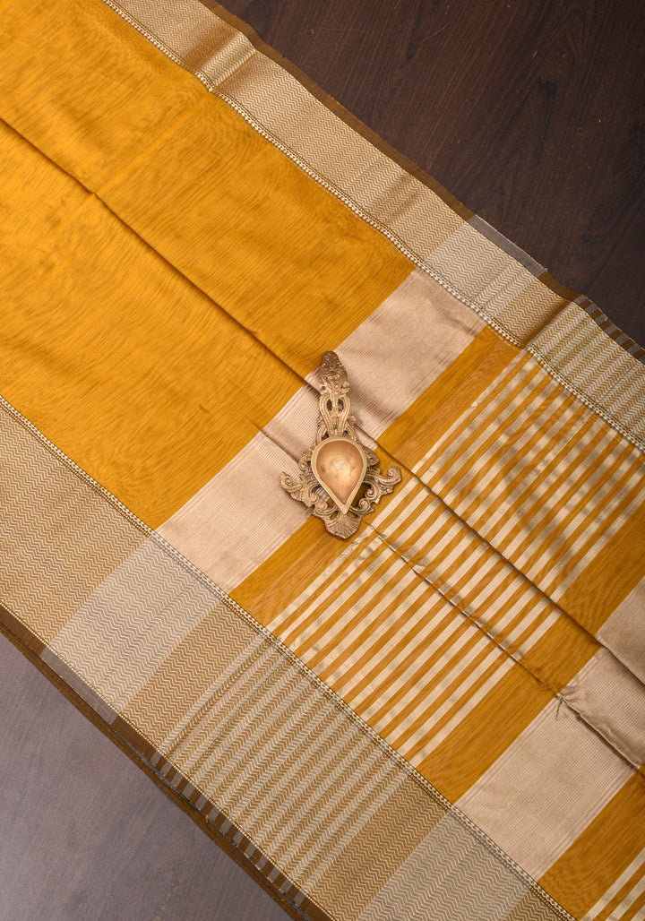 Yellowish Orange Handwoven Maheshwari Silk Cotton Saree with Zari borders