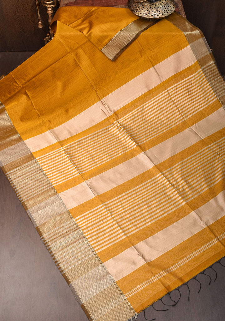 Yellowish Orange Handwoven Maheshwari Silk Cotton Saree with Zari borders