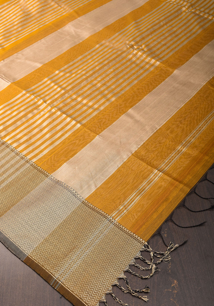 Yellowish Orange Handwoven Maheshwari Silk Cotton Saree with Zari borders