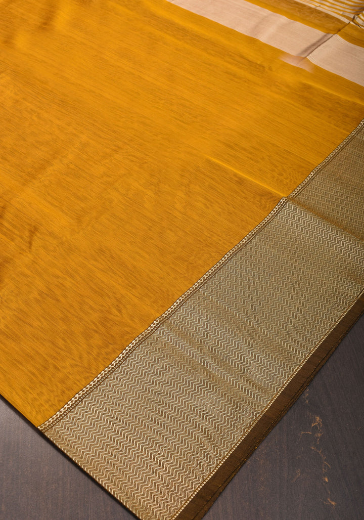 Yellowish Orange Handwoven Maheshwari Silk Cotton Saree with Zari borders