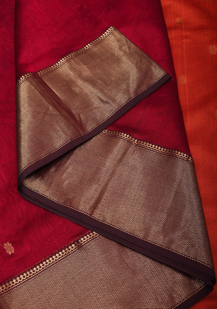 Maroon tone Handwoven Maheshwari Silk Cotton Saree with zari borders and contrast pallu