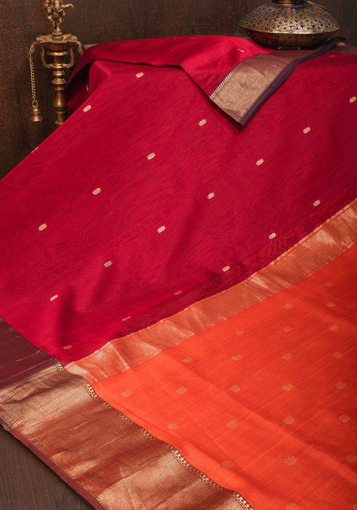 Maroon tone Handwoven Maheshwari Silk Cotton Saree with zari borders and contrast pallu