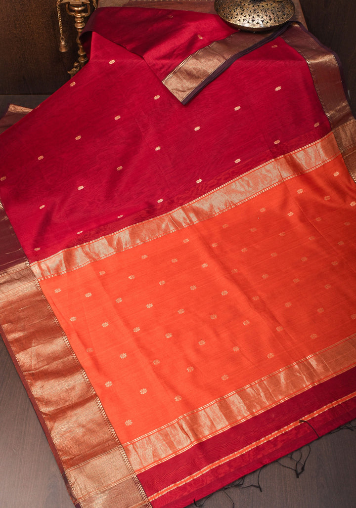 Maroon tone Handwoven Maheshwari Silk Cotton Saree with zari borders and contrast pallu