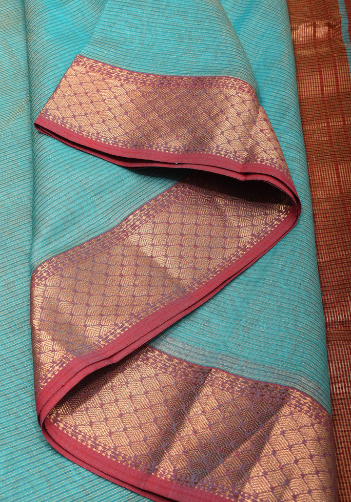 Aqua Handwoven Tissue Maheshwari Silk Cotton Saree