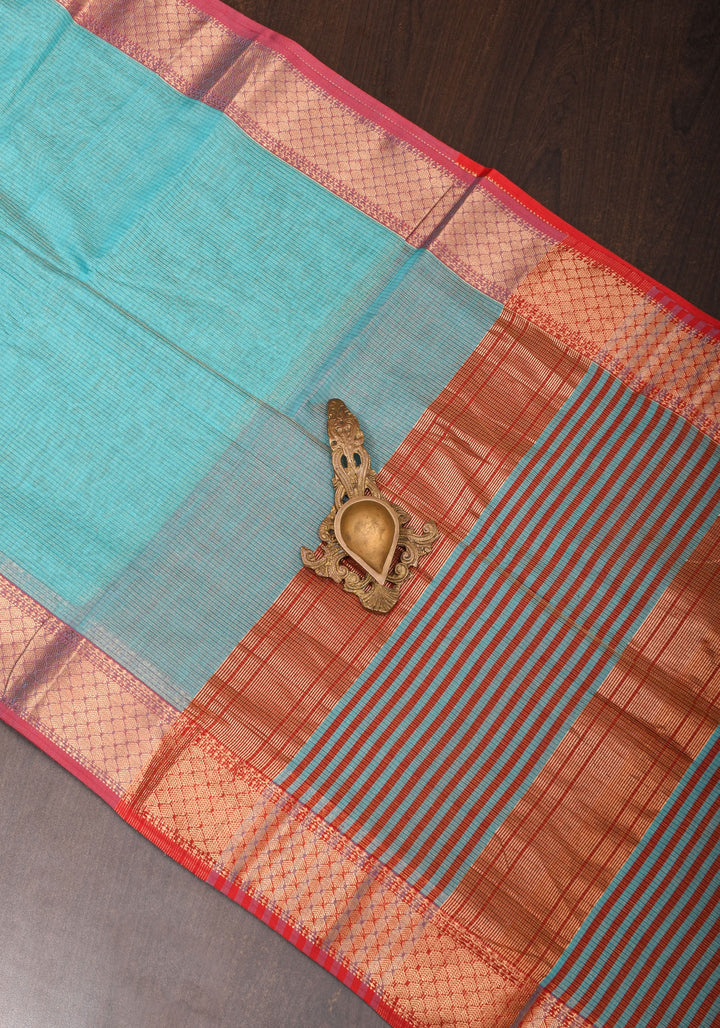Aqua Handwoven Tissue Maheshwari Silk Cotton Saree