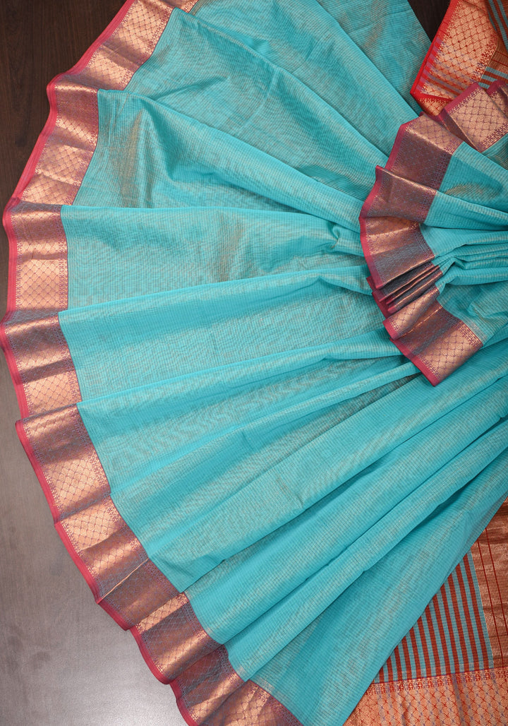 Aqua Handwoven Tissue Maheshwari Silk Cotton Saree