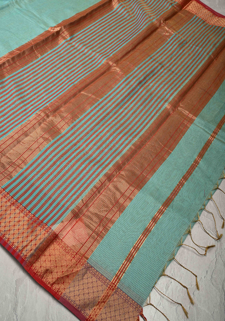 Aqua Handwoven Maheshwari Silk Cotton Saree with Contrast Zari Borders