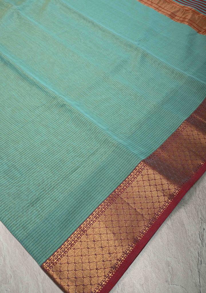 Aqua Handwoven Maheshwari Silk Cotton Saree with Contrast Zari Borders
