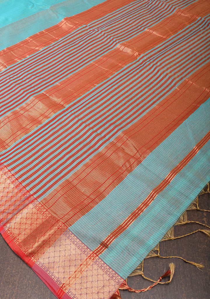 Aqua Handwoven Tissue Maheshwari Silk Cotton Saree