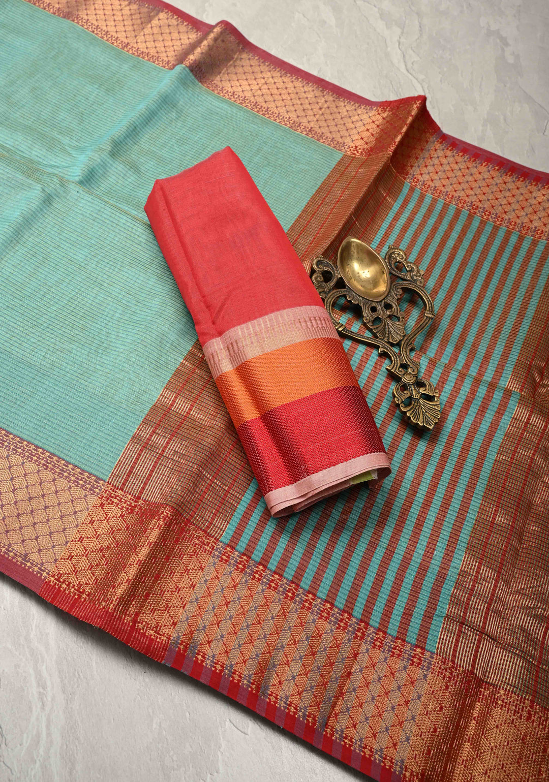 Aqua Handwoven Maheshwari Silk Cotton Saree with Contrast Zari Borders