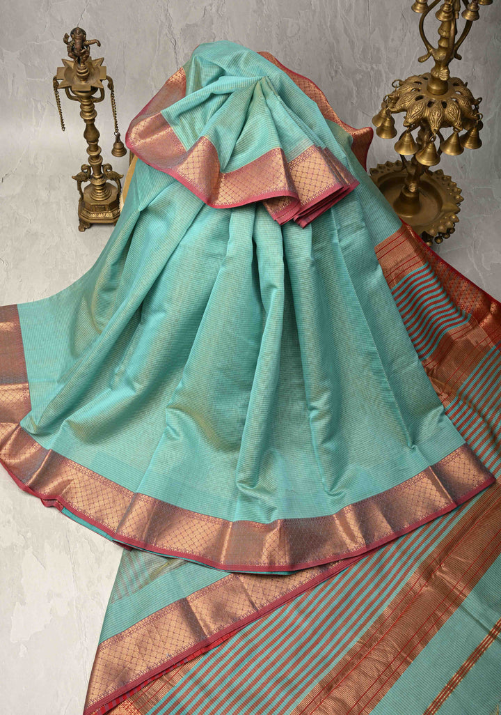 Aqua Handwoven Maheshwari Silk Cotton Saree with Contrast Zari Borders