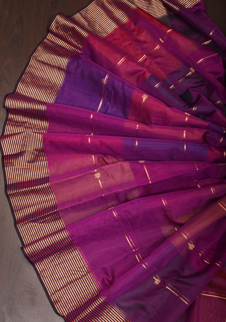 Purple-Pink shades Handwoven Maheshwari Silk Cotton Saree with Ombre weave