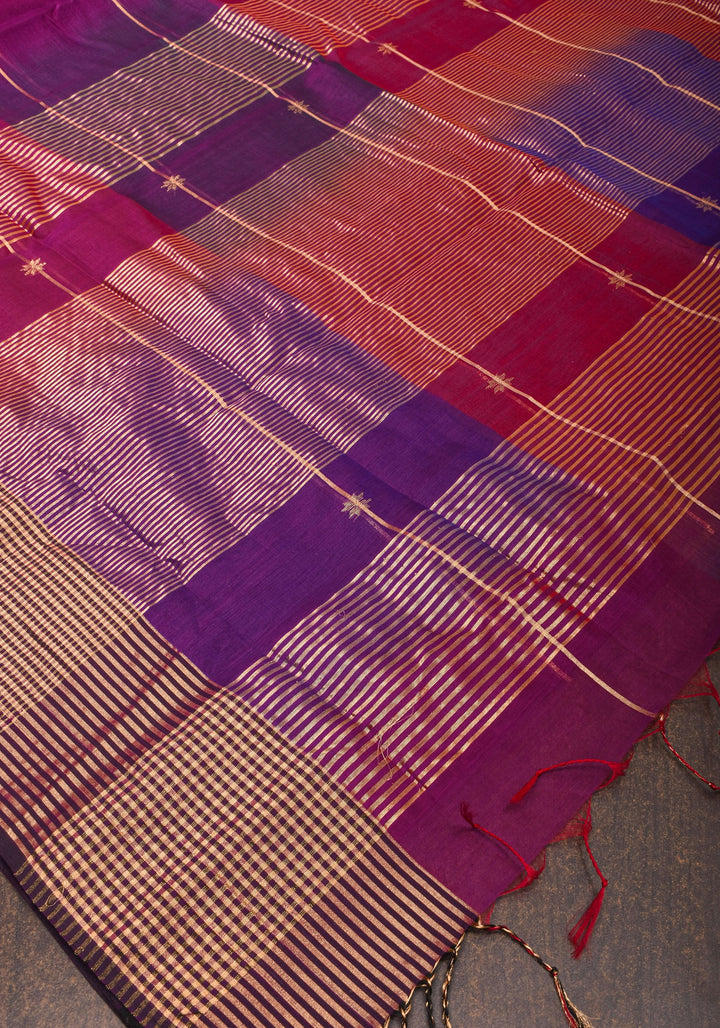 Purple-Pink shades Handwoven Maheshwari Silk Cotton Saree with Ombre weave