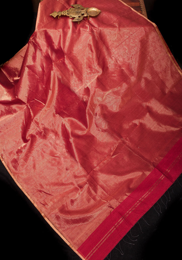 Red Handwoven Zari Stripes Tissue Maheshwari Silk Cotton Saree