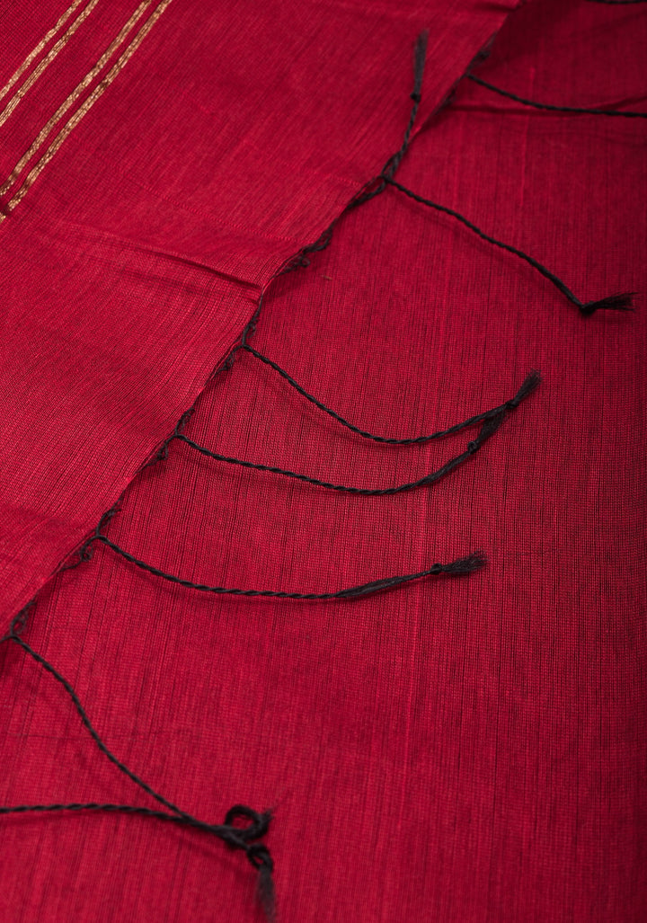 Red Handwoven Zari Stripes Tissue Maheshwari Silk Cotton Saree
