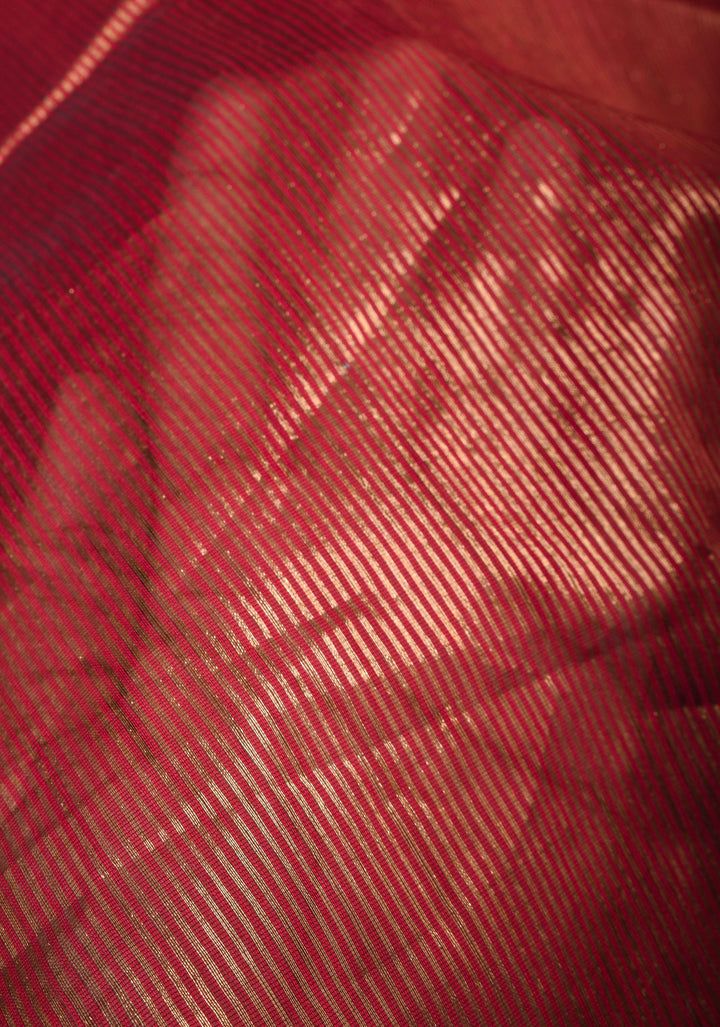 Red Handwoven Zari Stripes Tissue Maheshwari Silk Cotton Saree