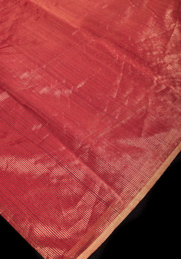 Red Handwoven Zari Stripes Tissue Maheshwari Silk Cotton Saree