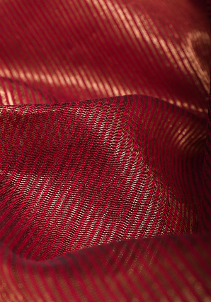 Red Handwoven Zari Stripes Tissue Maheshwari Silk Cotton Saree