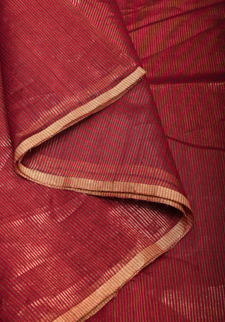 Red Handwoven Zari Stripes Tissue Maheshwari Silk Cotton Saree