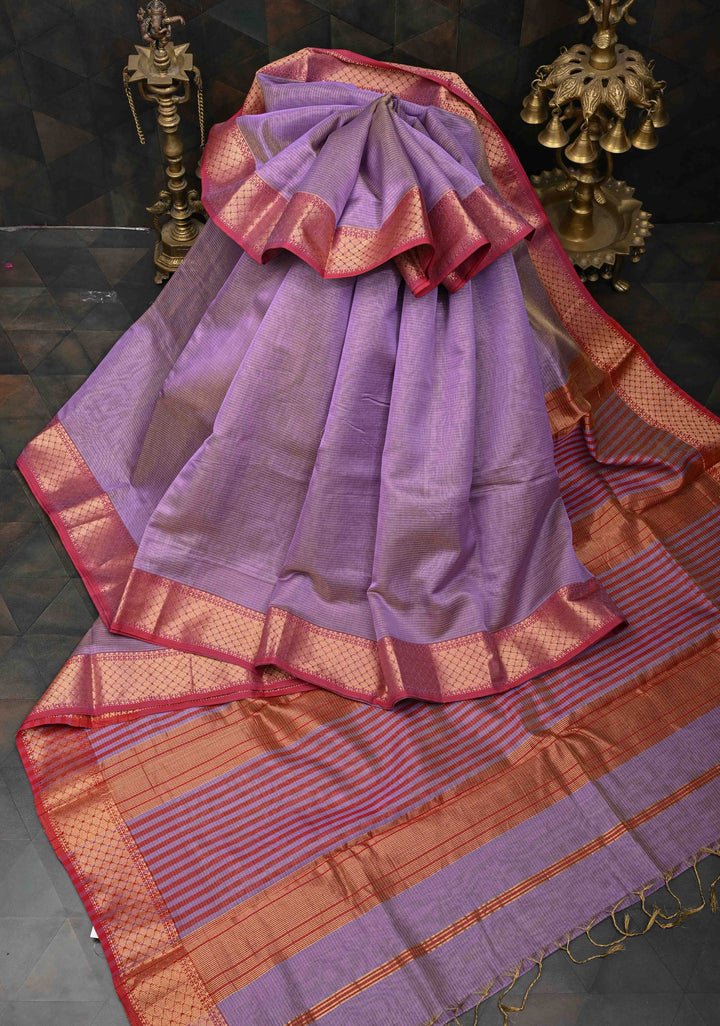 Lavender Handwoven Zari Stripes Maheshwari Silk Cotton Saree