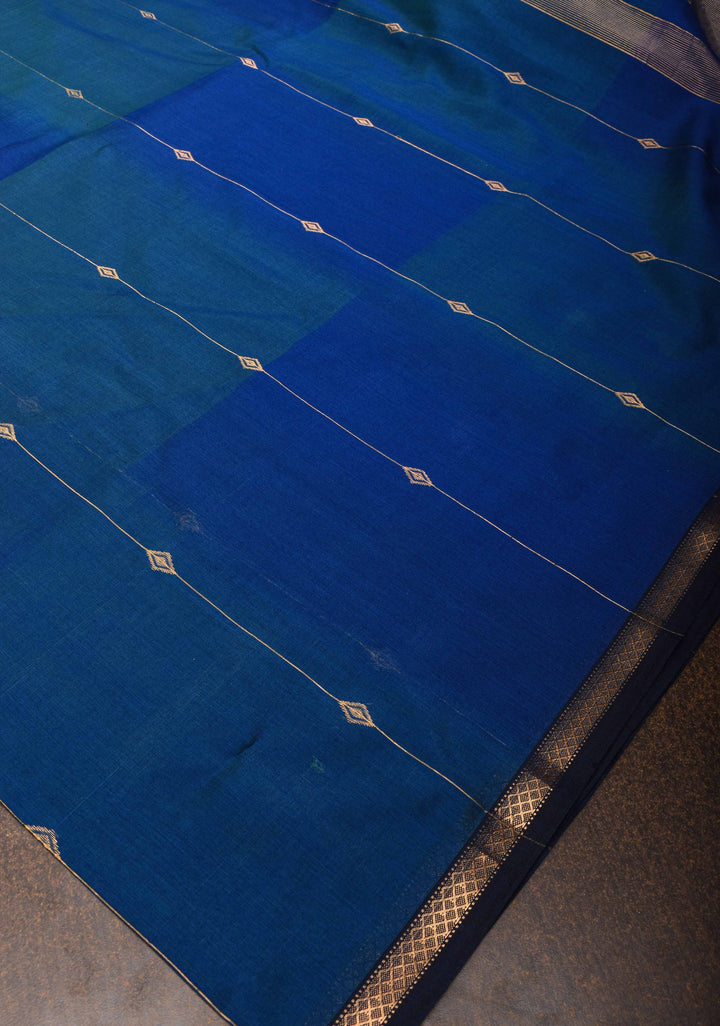 Blue Ombre Handwoven Maheshwari Silk Cotton Saree with Zari Stripes and Minimal Zari Border