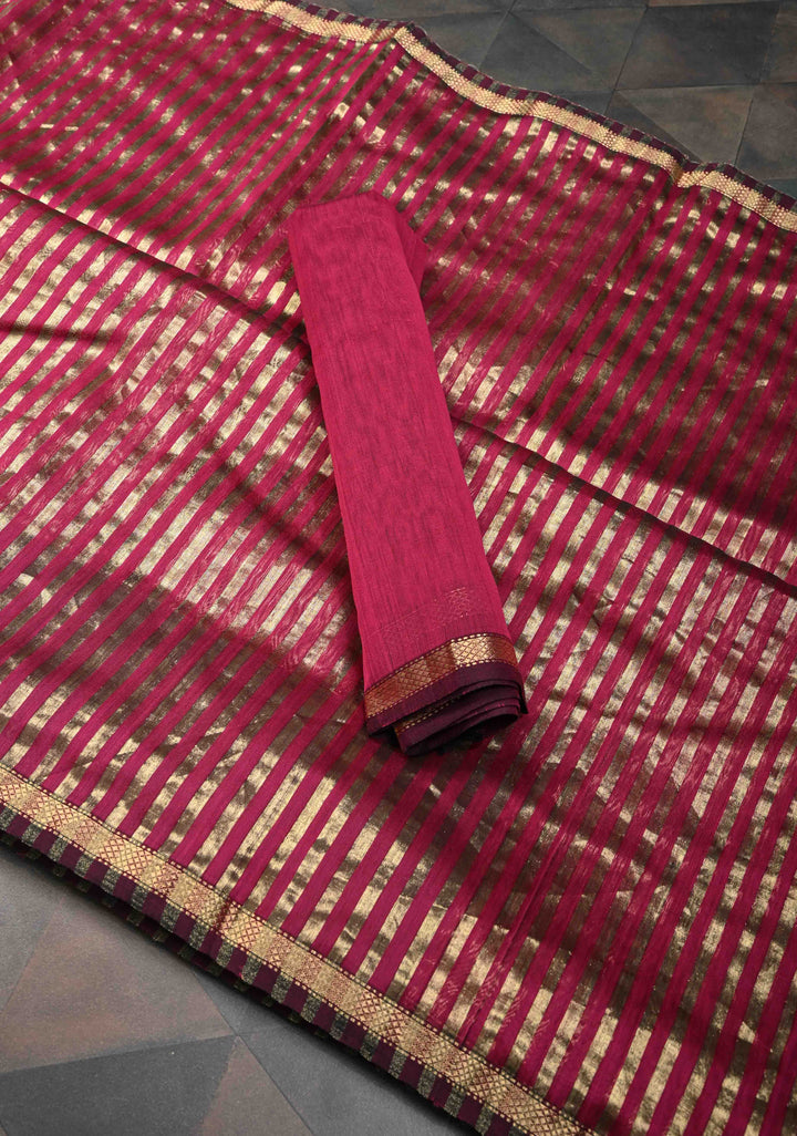 Magenta Handwoven Vertical Zari Stripes Maheshwari Silk Cotton Saree