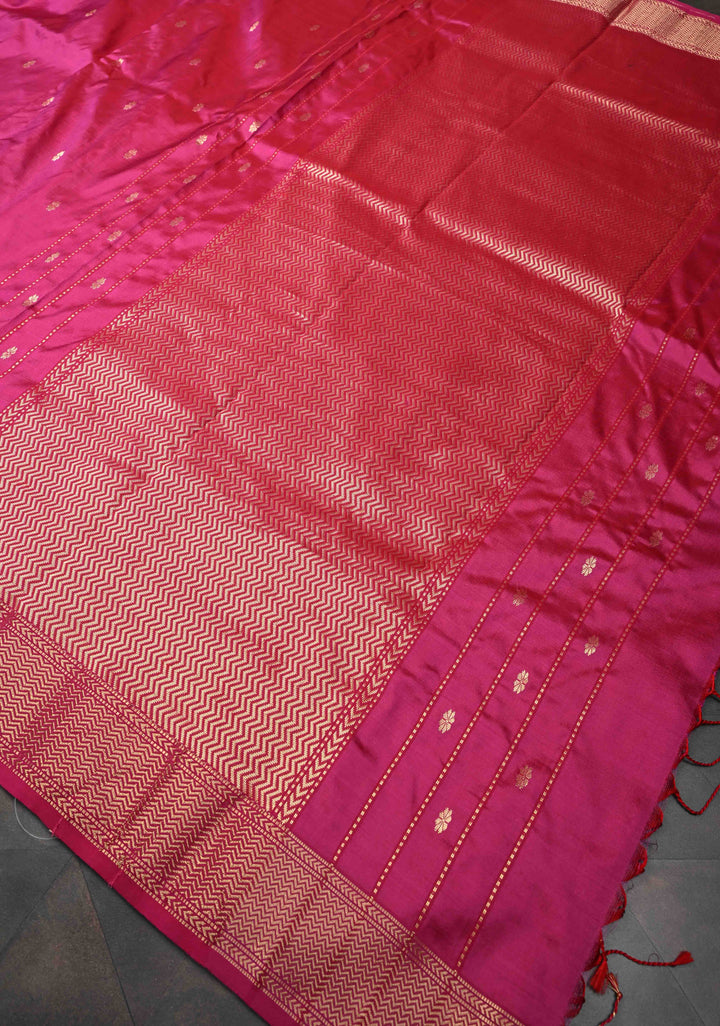 Hot Pink Maheshwari Pure Silk Saree with Chunri Buttis and Zari Border | SILK MARK CERTIFIED