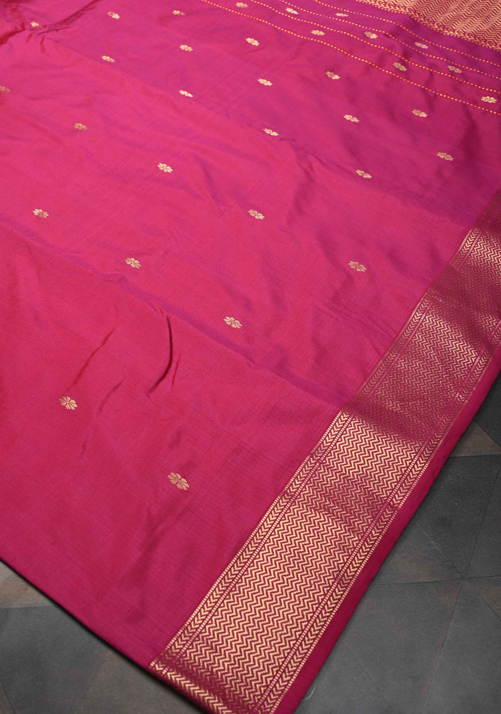 Hot Pink Maheshwari Pure Silk Saree with Chunri Buttis and Zari Border | SILK MARK CERTIFIED