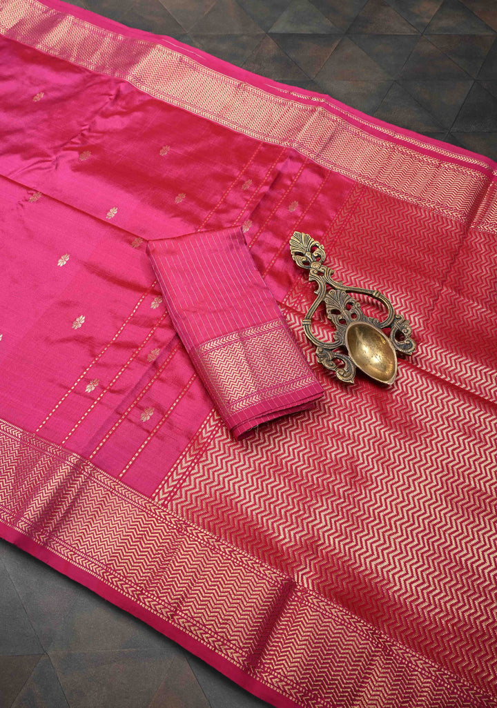 Hot Pink Maheshwari Pure Silk Saree with Chunri Buttis and Zari Border | SILK MARK CERTIFIED